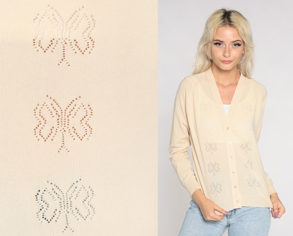 Cutout Butterfly Cardigan -- 70s Beige Sweater Button Up Boho Hippie Cutwork Lightweight V Neck Vintage 1970s Cut Out Bohemian Small S