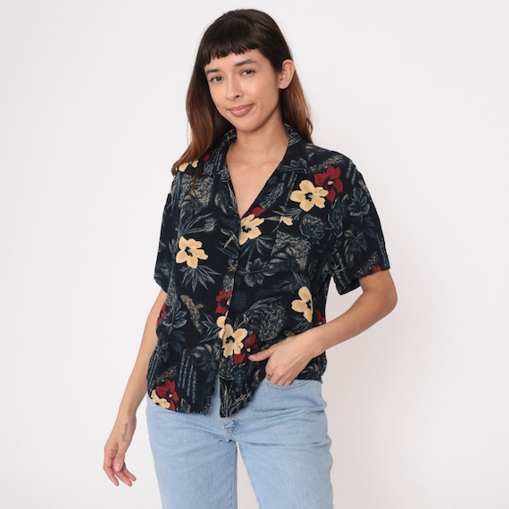 90s Floral Blouse Black Tropical Rayon Short Sleeve Shirt Button Up Top Flower Print Vintage Collared Red Yellow Oversize Medium