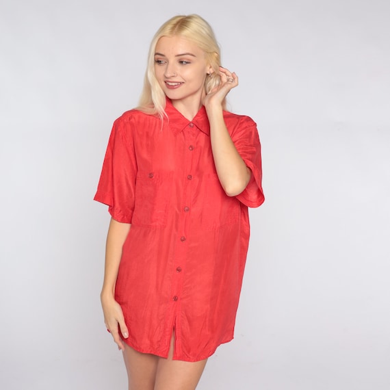 Red Silk Blouse 90s Button Up Shirt Retro Plain S… - image 2