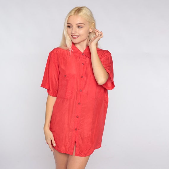 Red Silk Blouse 90s Button Up Shirt Retro Plain Simple Short Sleeve Top Chest Pocket Preppy Basic Button Down Minimal Vintage 1990s Small S