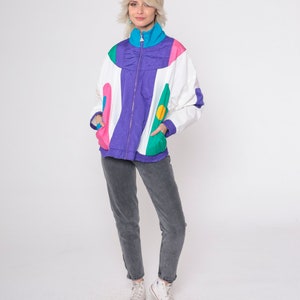 90s Windbreaker Jacket White Purple Color Block Jacket Geometric Print Vintage 1990s Zip Up Warmup Track Jacket Oversized Medium Petite image 2