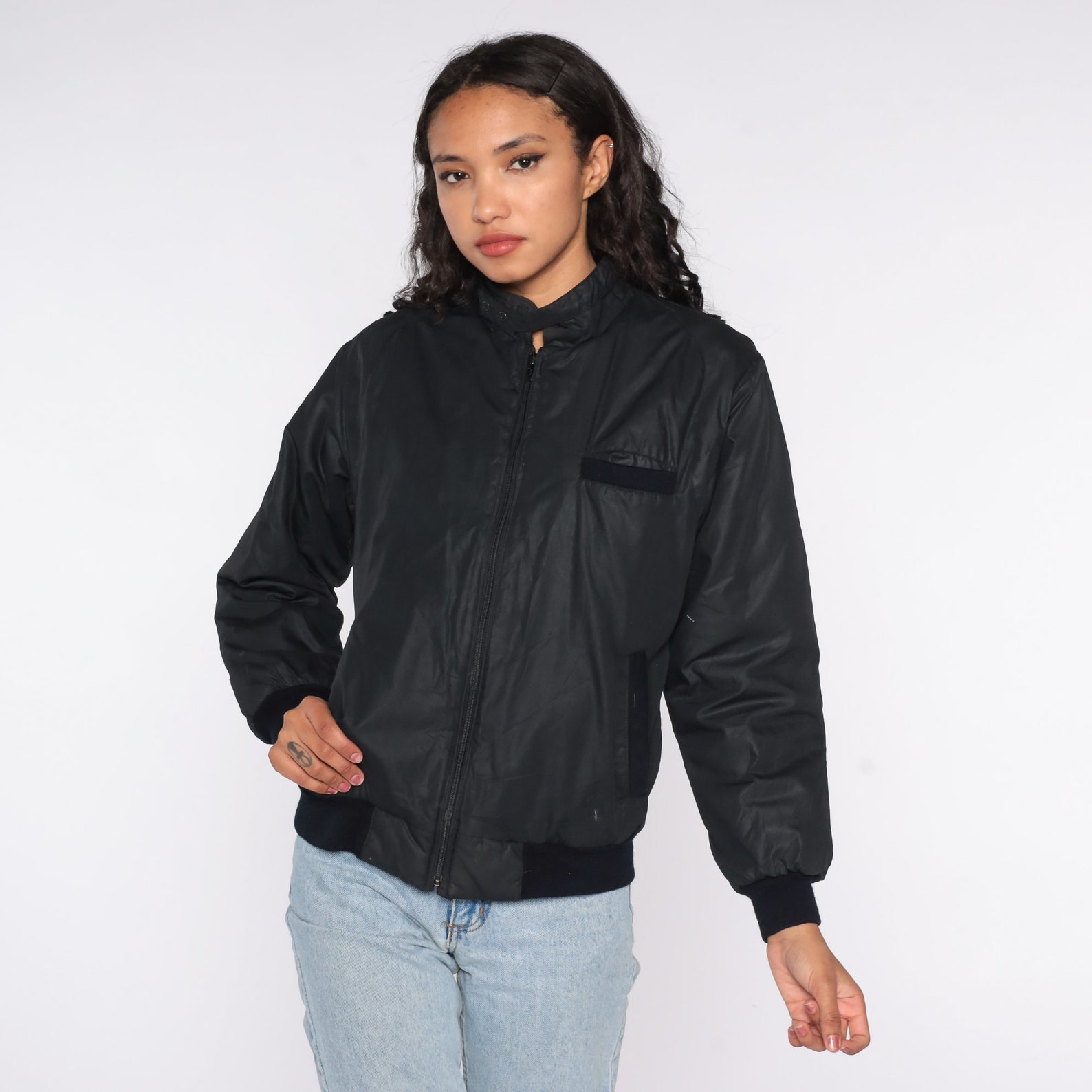 Black BOMBER Jacket 80s Windbreaker Cafe Racer Moto Epaulette Coat ...