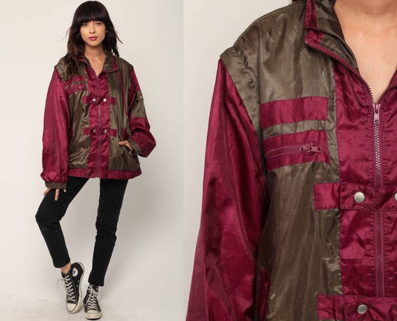 90s Windbreaker Jacket REMOVABLE SLEEVES Warm Up Color Block Jacket Hipster Vintage Retro Sports Streetwear Warmup Jacket Brown Red Large