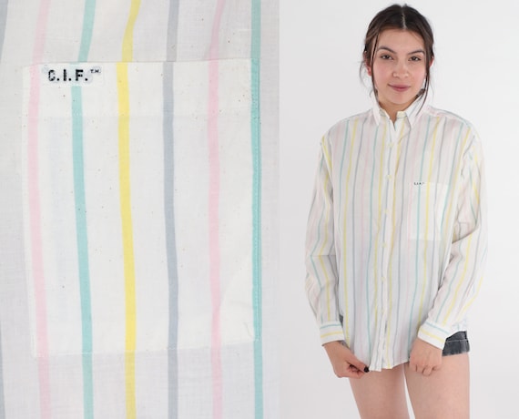 White Striped Blouse 90s Pastel Rainbow Button Up Top Chest Pocket Shirt Long Sleeve Collared Pink Green Yellow Cotton Vintage 1990s Medium