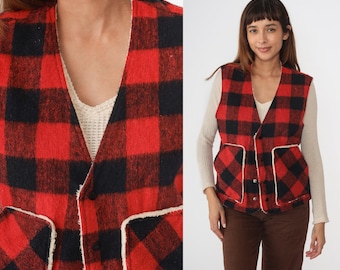 Buffalo Plaid Vest 80s Sherpa Lined Winter Vest Red Plaid Wool Vest Lumberjack Shearling 1980s Snap Button Up Vintage Black Medium Large