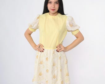70s Puff Sleeve Floral Dress Vintage Light Yellow Mod Mini Dress Boho Hippie High Waist Bohemian 1970s Minidress Small S