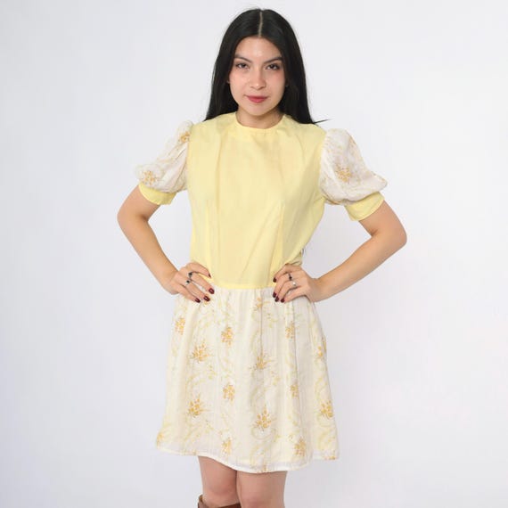 70s Puff Sleeve Floral Dress Vintage Light Yellow Mod Mini Dress Boho Hippie High Waist Bohemian 1970s Minidress Small S