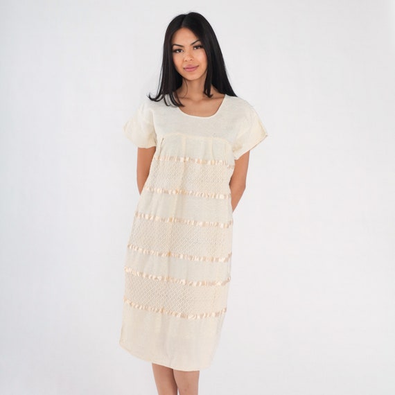Cream Woven Dress 90s Cotton Midi Dress Mexican K… - image 4