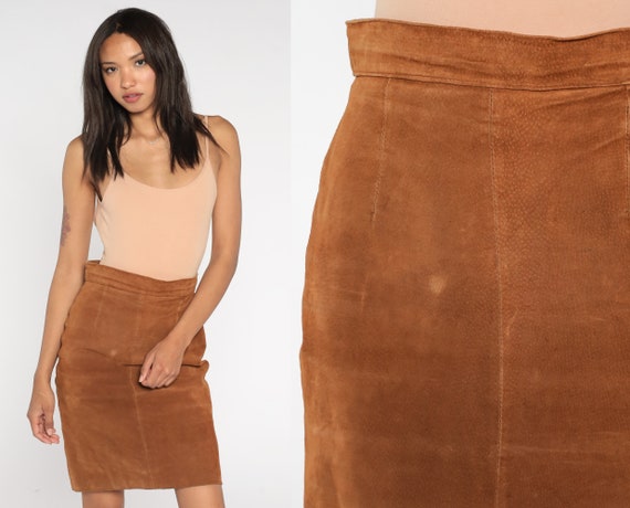 Suede Mini Skirt 90s Brown Leather Skirt Pencil Wiggle Party Retro Simple Plain Bohemian High Waisted Vintage 1990s Small 28