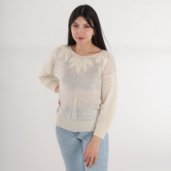 Pearl Beaded Sweater 80s Off-White Knit Pullover Sweater Leaf Embroidered Jumper Semi-Sheer Retro Girly Spring Acrylic Vintage 1980s Medium