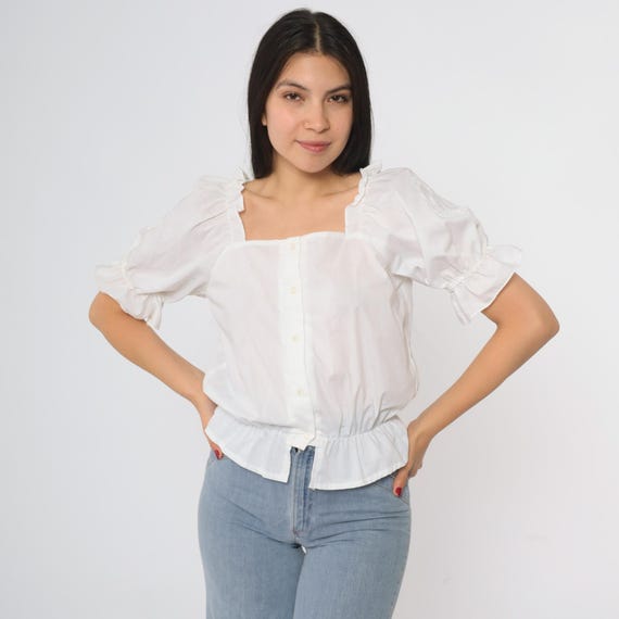 Peasant Blouse 80s White Square Neck Puff Sleeve Button Front Ruffle Hem Cotton Crop Top Vintage Prairie Romantic Medieval California Small