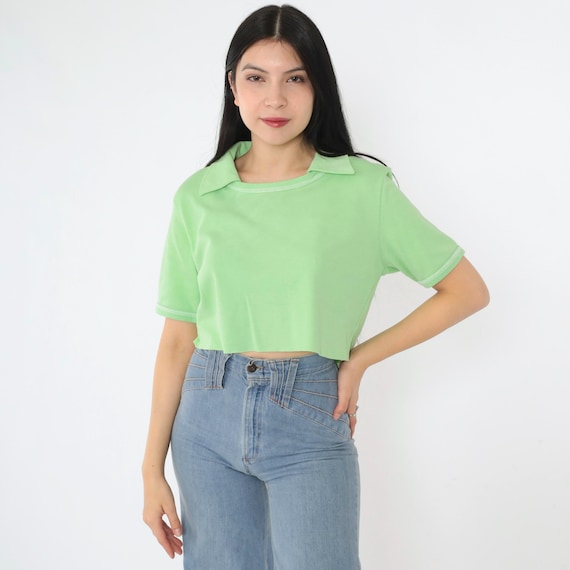 Vintage Mint Green Crop Top 70s Cropped Short Sleeve Collared Blouse Raw Hem Pointed Collar Retro Preppy 1970s Small Medium