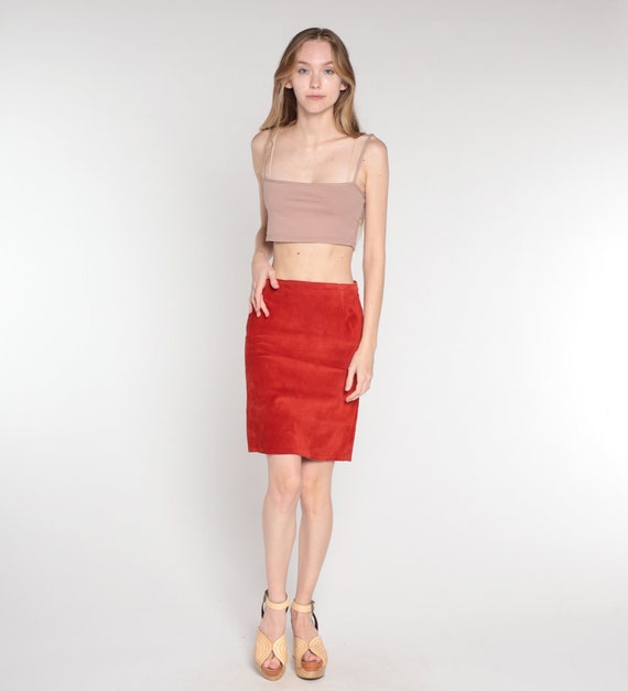Vintage Suede Mini Skirt 90s Rust Orange Leather Skirt Pencil Wiggle Party Retro Simple Plain Bohemian High Waisted 1990s Extra Small xs