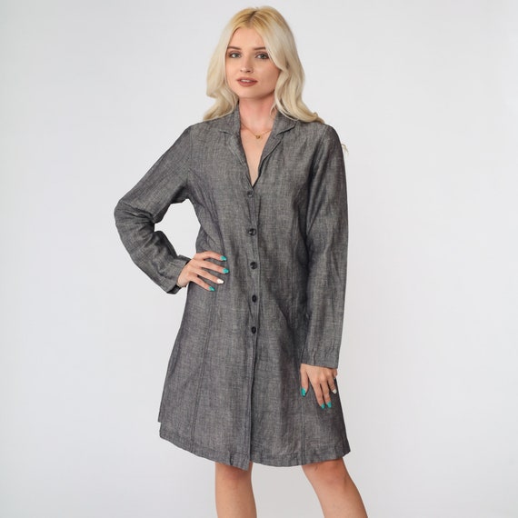 Grey Jacket Dress 80s Flecked Mini Shirtdress Retro Plain Button Up Cotton Linen Preppy Secretary Collar Vintage 1980s Retro Preppy Small S