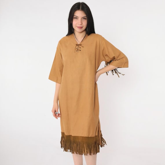Vintage Fringe Dress 70s Brown Suede Trim Lace Up Neck Short Sleeve Boho Western Tunic 1970s Southwest Midi Bohemian Medium M