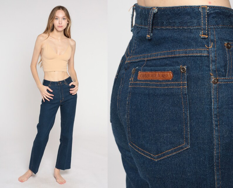 Hoog getailleerde jeans jaren '80 donkere wassen denim broek rechte pijp jeans retro hipster boho hippie hoge opkomst vintage jaren 1980 Charlotte Ford kleine 4 26 afbeelding 1