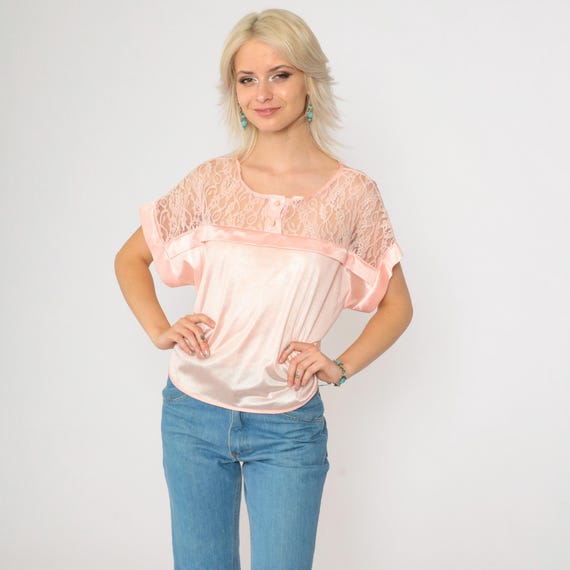 80s Lingerie Pajama Shirt Baby Pink Silky Nylon Lace PJ Top Button Up Blouse Sleep Shirt Vintage 1980s Short Sleeve Medium