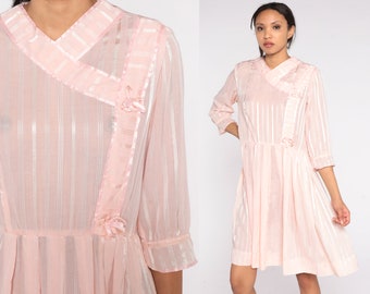 Baby Pink Striped Dress 70s 80s Mini Dress Sheer High Waisted Dress Rosettes Feminine Pleated Girly Boho Retro Day Vintage Medium Large