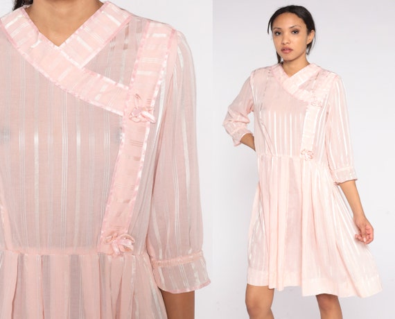 Baby Pink Striped Dress 70s 80s Mini Dress Sheer … - image 1