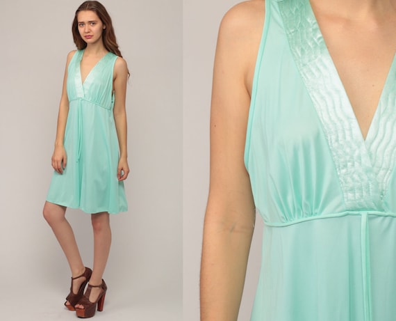 70s Nightgown Lingerie Slip Dress Seafoam Green Mini Boho Plunge Babydoll Nylon Deep V Neck Empire Waist Vintage Bohemian Large