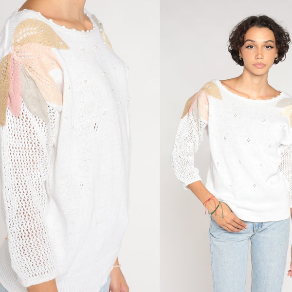 White Cutout Sweater 90s Pointelle Knit Sweater Pearl Beaded Leaf Applique Pullover Retro Open Weave Spring Sweater Vintage 1990s Medium M