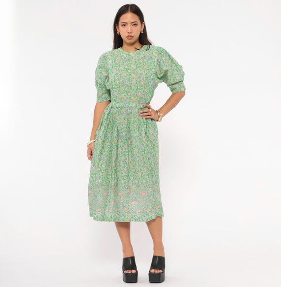 70s Cottagecore Green Floral Midi Dress Puff Sleeve Cotton Prairie Jane Schaffhausen Mint Sage Botanical Back Zip Pocket Vintage Medium M