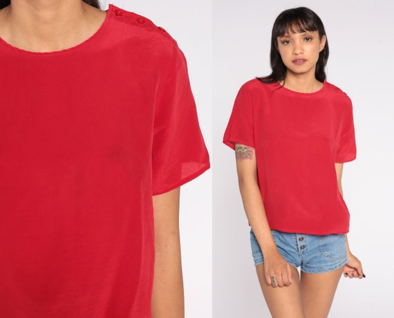 Red Silk Blouse Button Shoulder Plain Shirt Short Sleeve Top 80s Top 1980s Simple Basic Top Medium