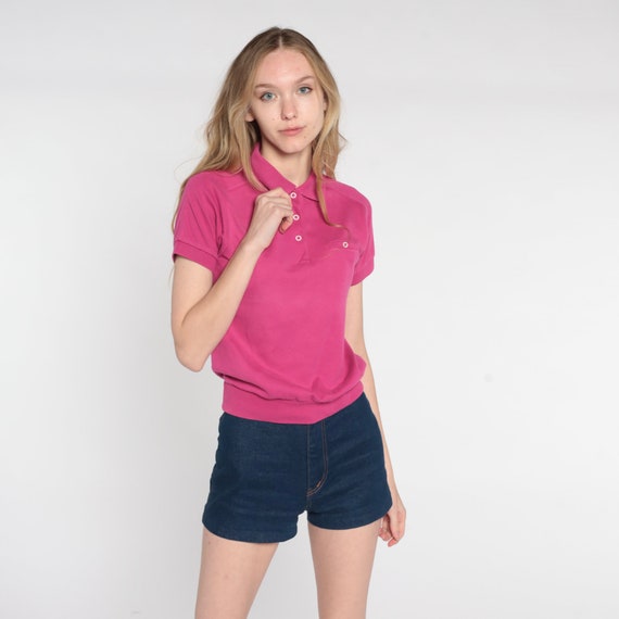 Hot Pink Polo Shirt 80s Cropped Shirt Short Sleev… - image 4