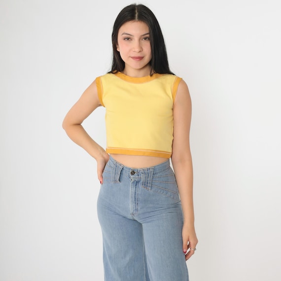Vintage 60s Crop Top 2xs Yellow Ringer Tank Top Mod Blouse Retro