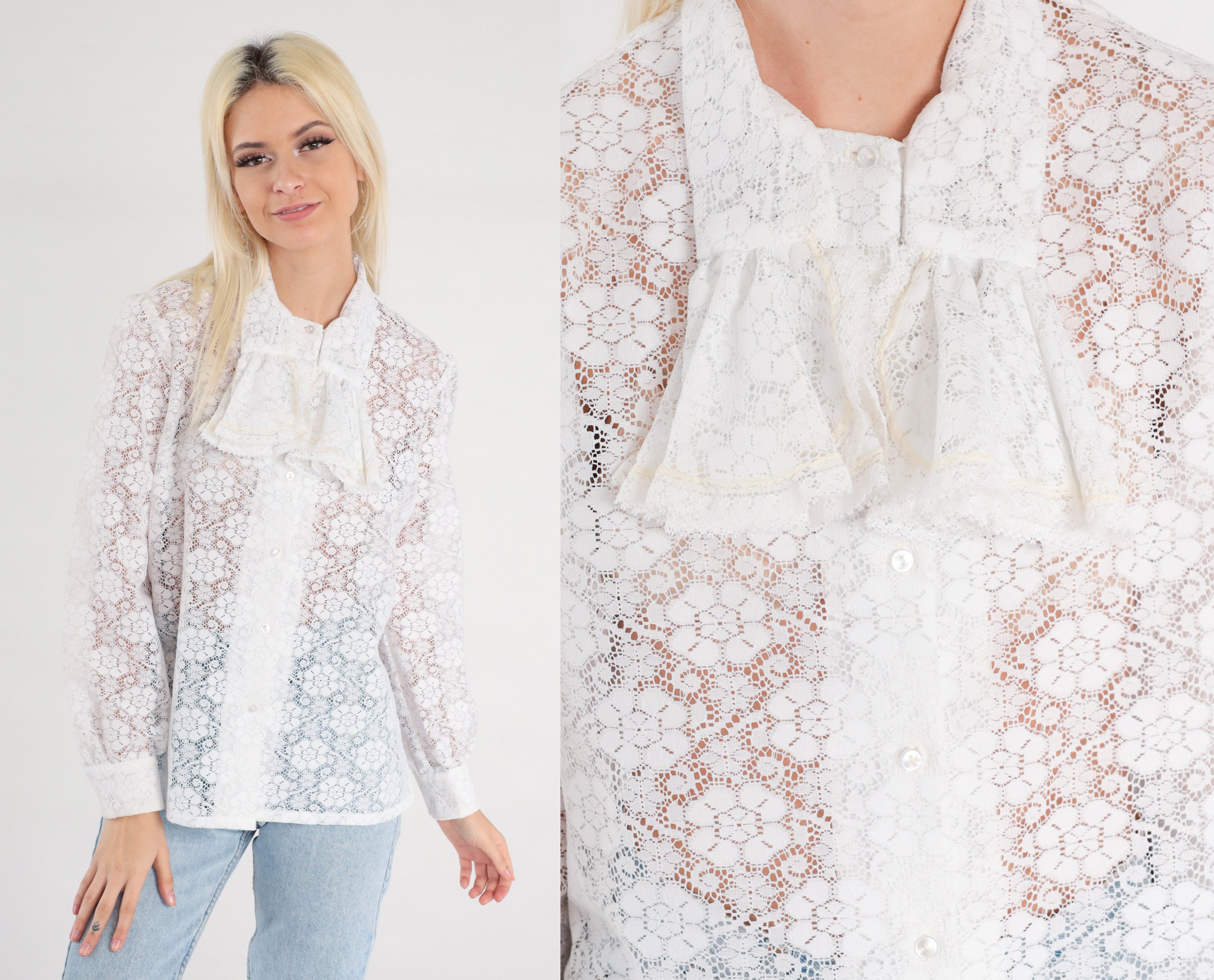 Lace Jabot Blouse 70s White Tuxedo Shirt Boho Lace Top Ruffle Shirt Button Up Vintage Bohemian 1970s Long Sleeve Medium 