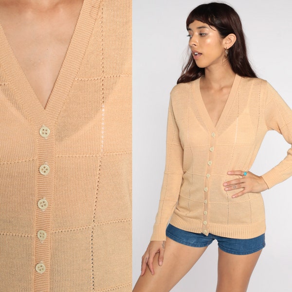 Tan Cardigan Sweater 70s Sheer Cutwork Open Weave Cut Out Sweater Vintage Acrylic Knit 80s Slouchy Grandma Large 12