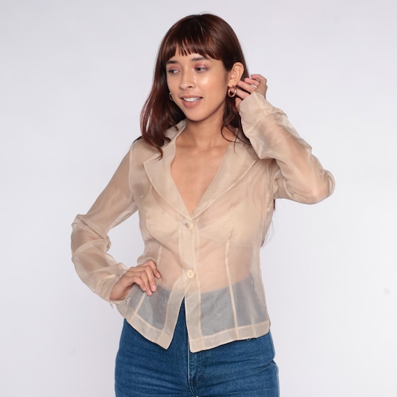 Sheer Silk Blouse 90s Ann Taylor Cream Beige Button Front Long Sleeve Vintage Minimalist See Through Translucent Business Shirt Small S