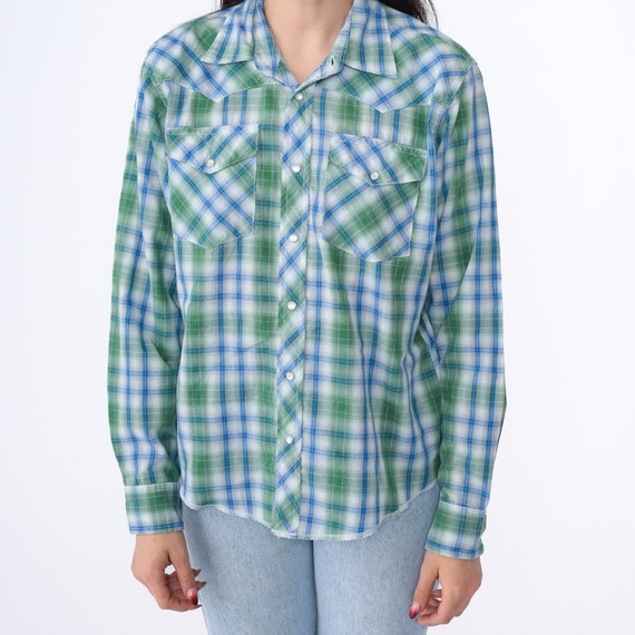 Wrangler Western Shirt Y2K Blue Green Plaid Pearl… - image 6