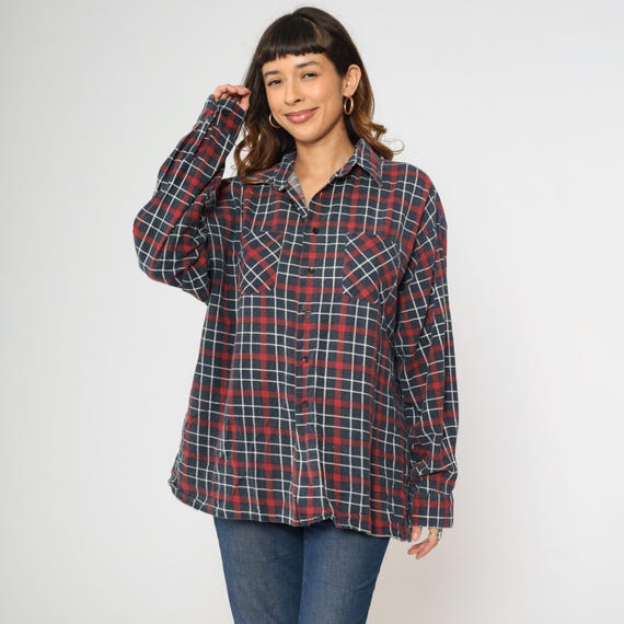 Vintage 90s Saugatuck Flannel Shirt Red Blue Plaid Button Up Shirt Retro Tartan Lumberjack Long Sleeve Checkered Cotton 1990s Extra Large xl