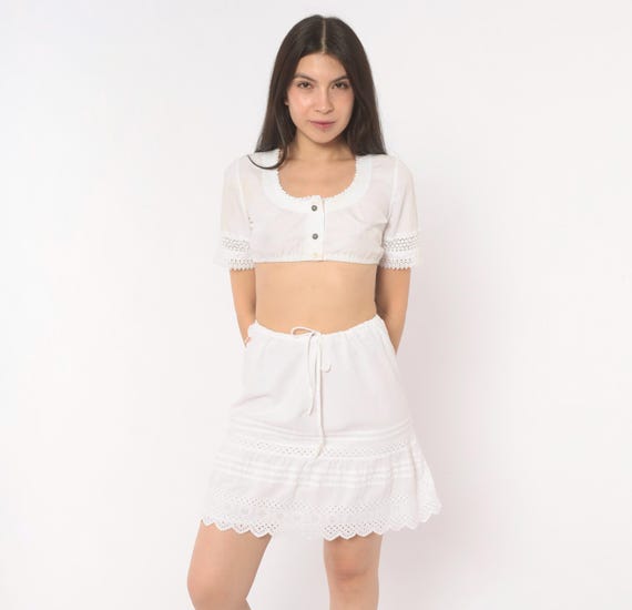 Eyelet Lace Mini Skirt Hollister 2000s White Cotton Prairie Cottagecore Feminine Summer Spring Beach Vacation Fairycore Coquette Small S