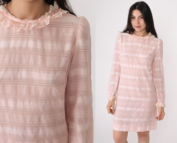 Mod Mini Dress 60s 70s Sheer Baby Pink Striped Lace Puff Sleeve Dress 1960s Vicky Vaughn Shift Vintage Gogo Boho Twiggy Retro Extra Small xs