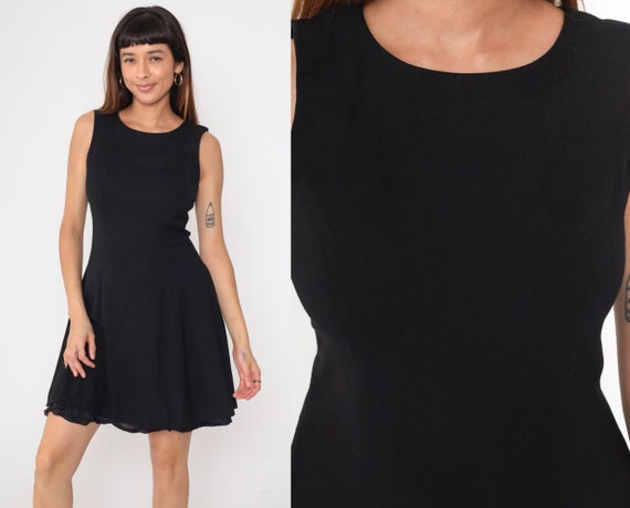 Little Black Dress 90s A-Line Mini Dress Simple Shift Dress Cocktail Party Plain Sleeveless Vintage 1990s Fit and Flare Rayon Linen Small