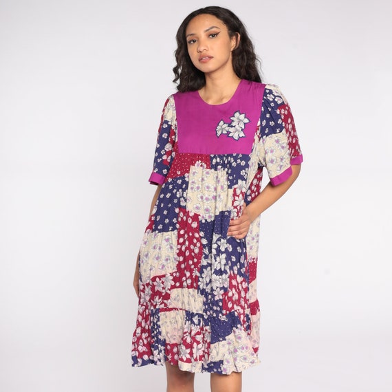 80s Boho Dress Midi Patchwork Floral Print Tunic … - image 3