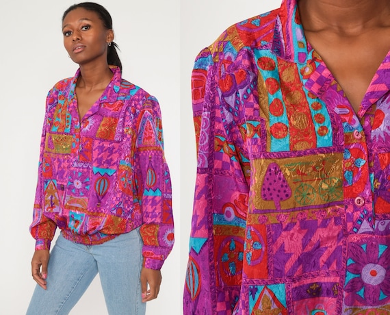 90s Floral Blouse Neon Color Block Purple Shirt Button Up Patchwork Long Sleeve Top Streetwear 1990s Vintage Large