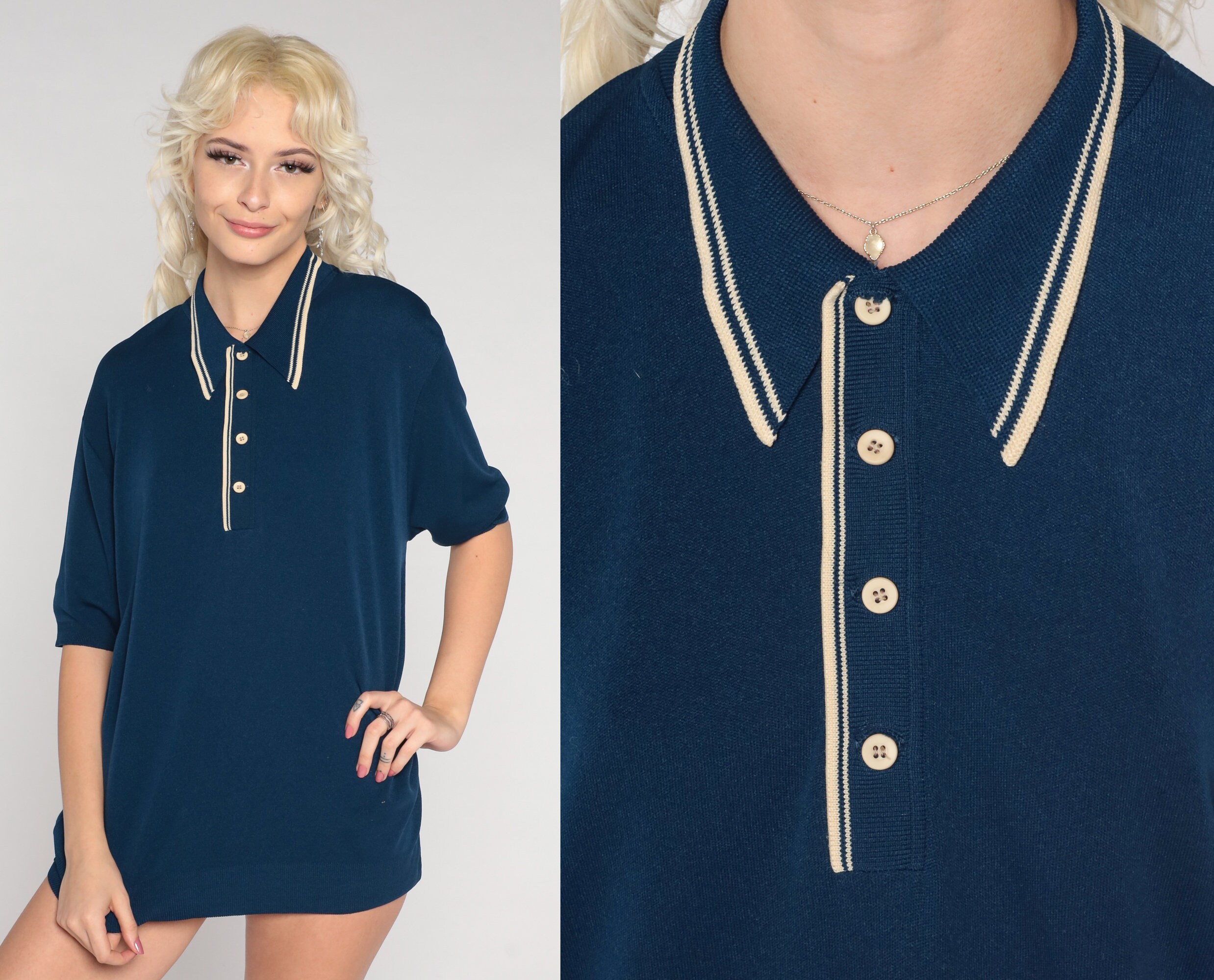 Navy Blue Polo Shirt 70s Half Button Up Shirt Polyester Knit Collared