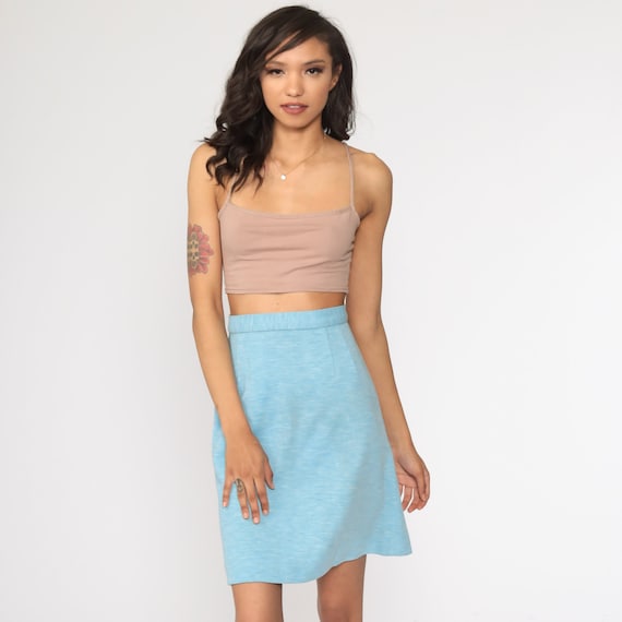 Blue Mini Skirt High Waisted 70s Mod Skirt Heather Baby Blue Skirt