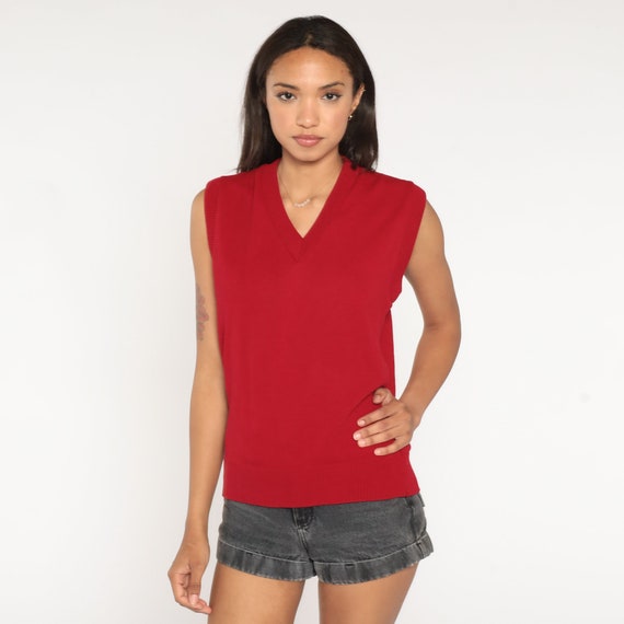 Red Sweater Vest Top 80s Acrylic Knit Tank Top Sleeveless Nerd 1980s Preppy V Neck Knit Shirt Sleeveless Plain Vintage Small S