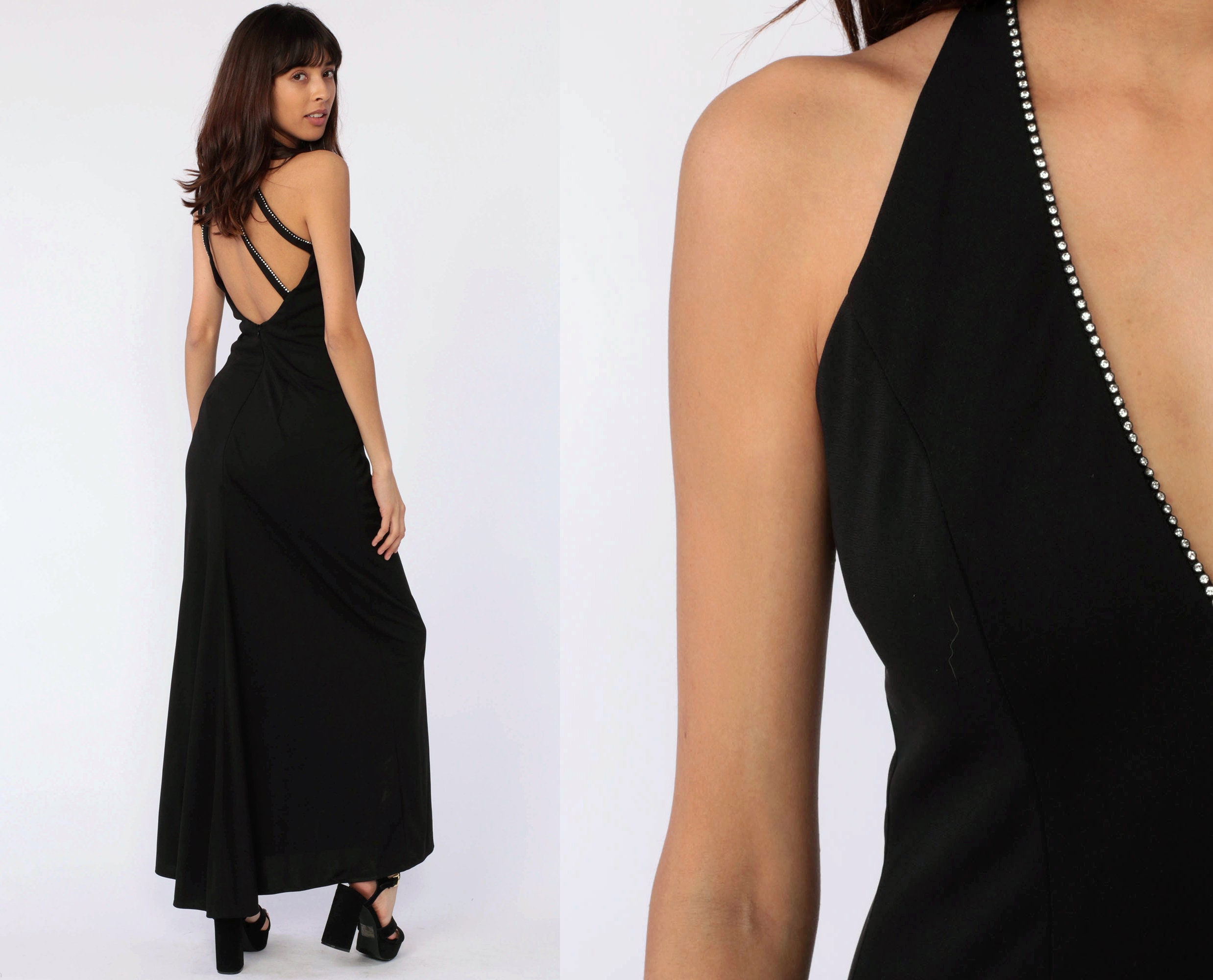 Formal Dress Maxi 90s Black Party Dress STUDDED Criss Cross Open Back ...