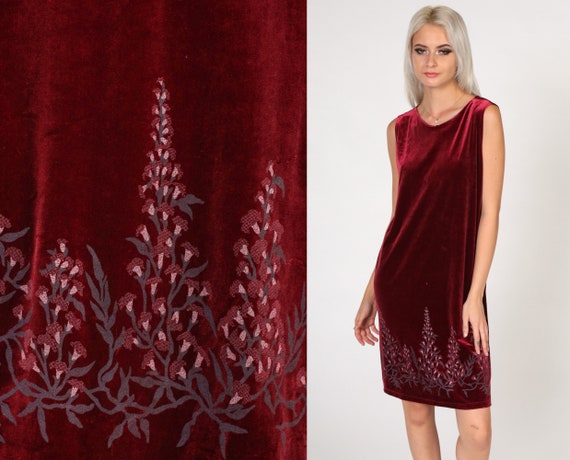 Velvet Floral Dress 00s Red Mini Dress Retro Velo… - image 1