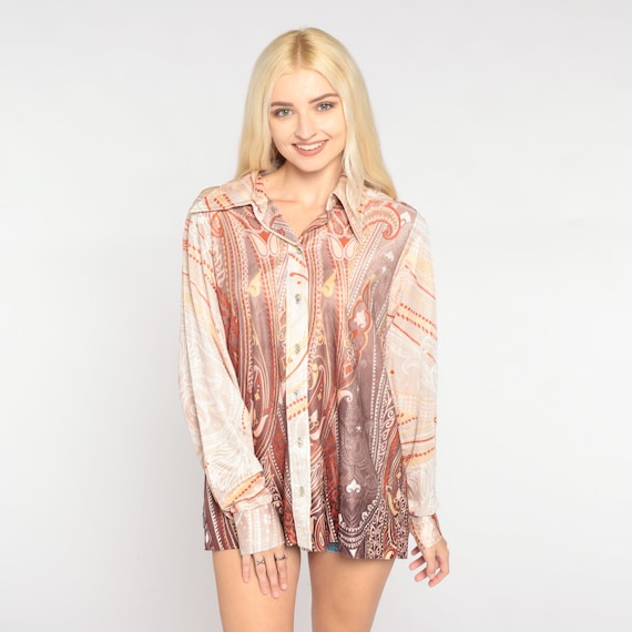 Vintage Paisley Floral Blouse 70s Button Up Disco Shirt Dagger Collar Psychedelic Top Groovy Retro Long Sleeve Orange 1970s Large L