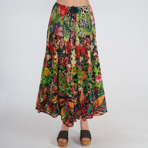 Floral Maxi Skirt 90s Tiered Broomstick Skirt Flower Animal Leopard Print Summer Festival Long Flowy Drawstring Waist Vintage 1990s Large L