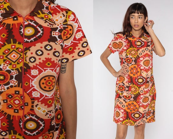 60s Mod Dress 70s Hippie Mini Geometric 