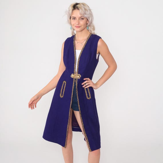 70s Purple Beaded Vest Gold Trim Vest Jumper Sleeveless V Neck Ethnic Embellished Wool Vintage Knee Length Cocktail Party Extra Small XS S