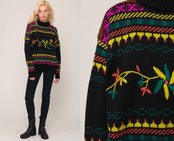 Floral Sweater 80s Boho EMBROIDERED Sweater Neon Fair Isle Funnel Neck Black Knit Slouchy 70s Pullover Vintage Jumper Extra Large xl 2xl xxl