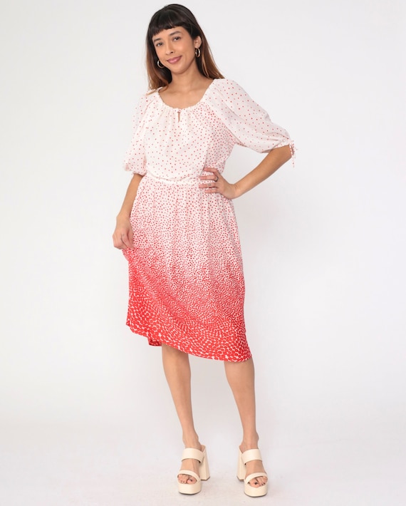 70s Peasant Dress Polka Dot Dress Red White Boho Midi Dress Raglan Sleeve Bohemian Keyhole Neck 1970s Vintage High Waist Hippie Dress Medium